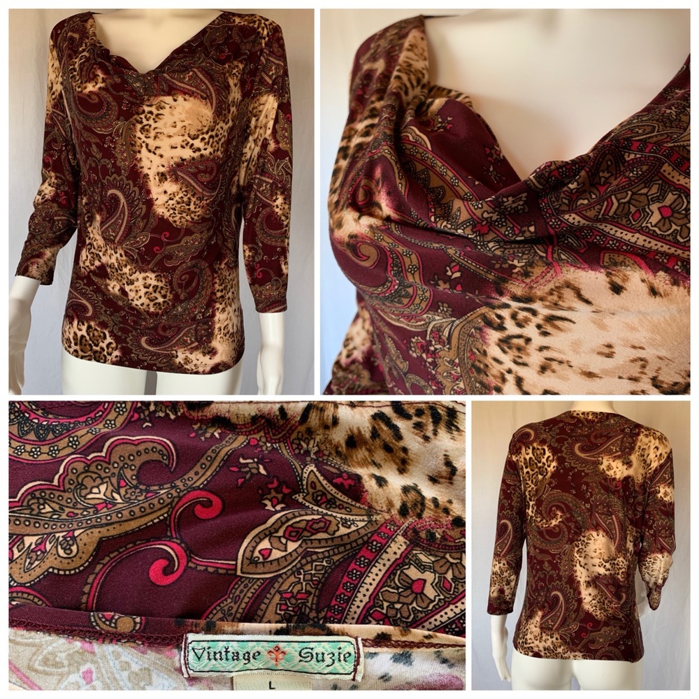 Vintage Suzie draped animal print & paisley blouse